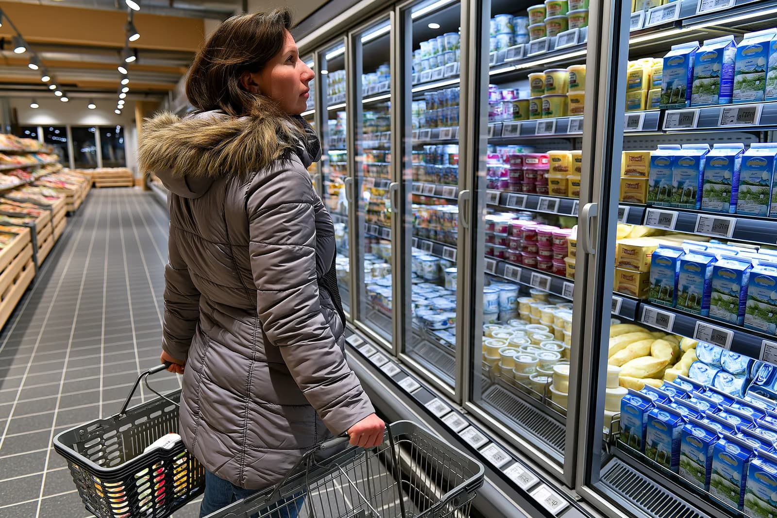 Покупатель сравнивает цены на продукты на полках супермаркета в Германии, держа чек перед молочными продуктами и яйцами.