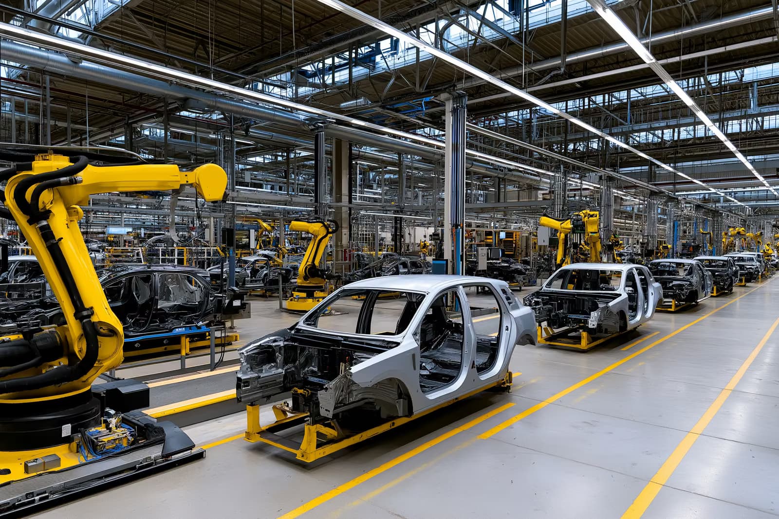 Большой сборочный цех автомобильного завода с роботизированными манипуляторами и частично собранными автомобилями.