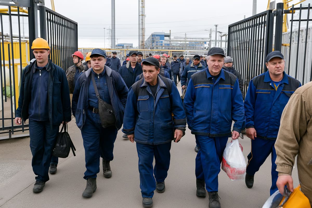 Рабочие в комбинезонах проходят через заводские ворота во время смены под пасмурным небом.