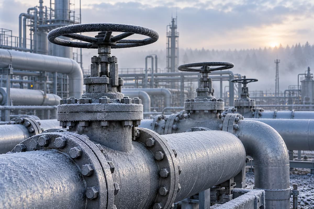 Крупный план покрытых инеем промышленных газовых труб с большими штурвальными задвижками на газовом предприятии туманным зимним утром.