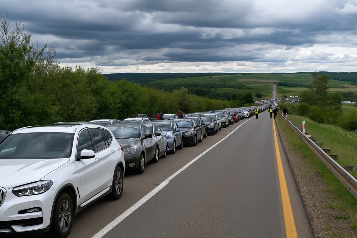 Под пасмурным небом автомобили медленно выстраиваются в очередь мимо временного контрольно-пропускного пункта на сельской дороге недалеко от баварской границы.