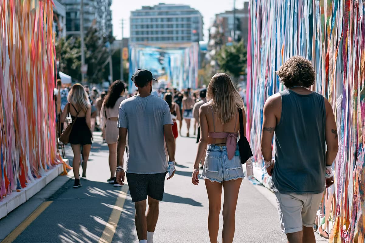 В яркий летний день в одном из оживленных районов Берлина люди прогуливаются между уличными арт-инсталляциями.