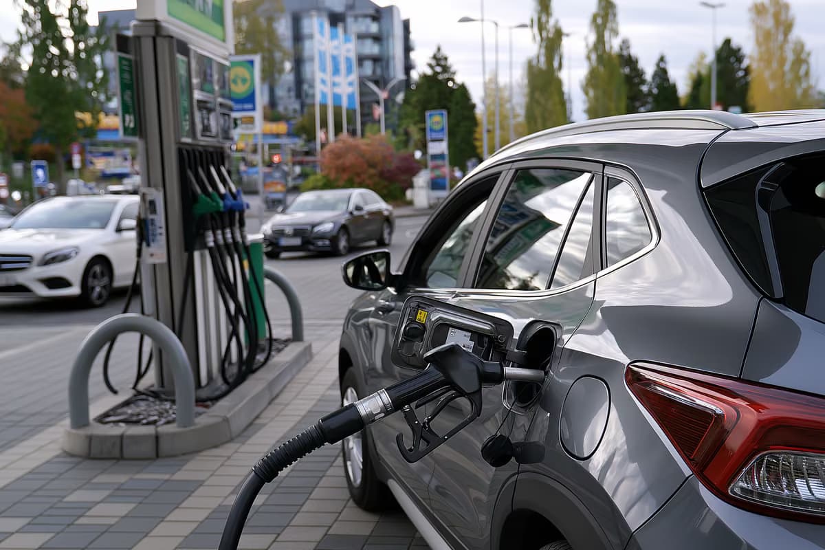 Насадка бензоколонки, лежащая в автомобиле на немецкой автозаправочной станции в пасмурный день.