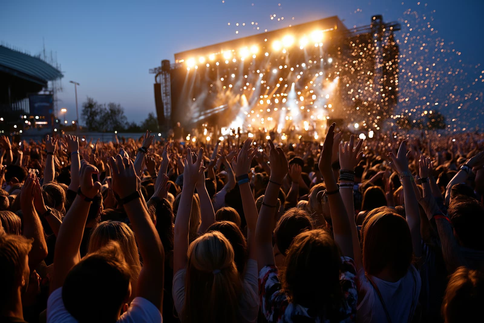 Огромная толпа на фестивале Lollapalooza Berlin в Олимпиапарке ночью подняла руки перед светящейся главной сценой.